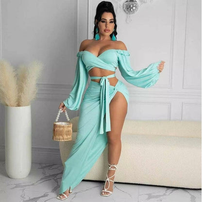 Stylish Summer Dress Set: Slash Neck Long Sleeve Top & Ankle-Length Maxi Dress - men's graphic t-shirts, Men's Shorts, Men's swim trunks, Men's Joggers, womens crop tee, womens crop top, Women's Hoodies, High Waisted Bikini, String Bikini Swimwear Sets, mens sweatpants, mens underwear, womens dresses, mens high top canvas shoes, men slides, Athletic Women Shoes, Women's canvas shoes, reversible bucket hat, best travel backpack -  Urban Style